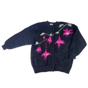 Vintage Black & Fuchsia Pink Hand Knitted Mohair Sweater Made in England Sz M/L